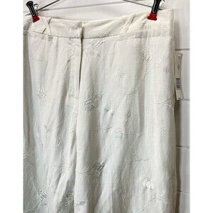 Kim Rogers Womens Linen Pants 16 White Floral Embroidered Pants Coastal Beach